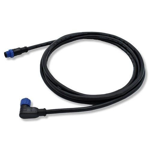 Coiled black marine cable with blue connectors and angled plug